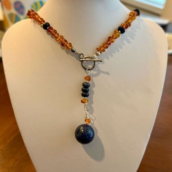 Baltic Amber And Lapis Lazuli Beaded Lariat Necklace 925 Sterling Silver New - Picture 1 of 4